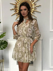 Skater Dresses Polyester V-Neck Lace Up Long Sleeves Fit And Flare Dress
