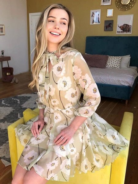 Skater Dresses Polyester V-Neck Lace Up Long Sleeves Fit And Flare Dress