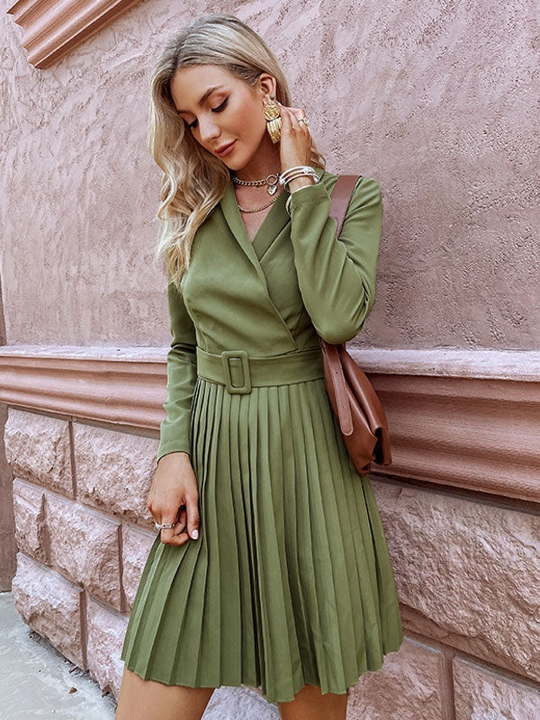 Skater Dresses V-Neck Pleated Layered Casual Flared Dress