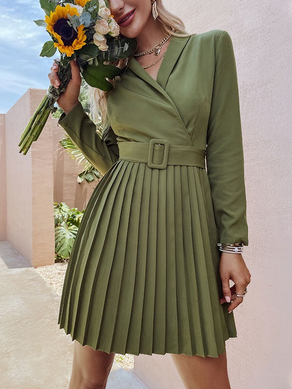 Skater Dresses V-Neck Pleated Layered Casual Flared Dress