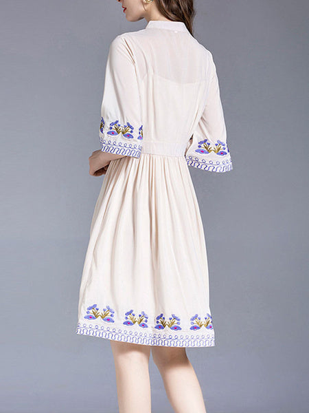 Skater High Collar Short Sleeves Printed Embroidered Casual Fit And Flare Dress