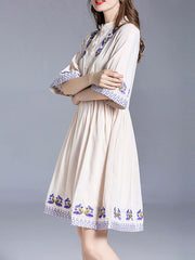 Skater High Collar Short Sleeves Printed Embroidered Casual Fit And Flare Dress