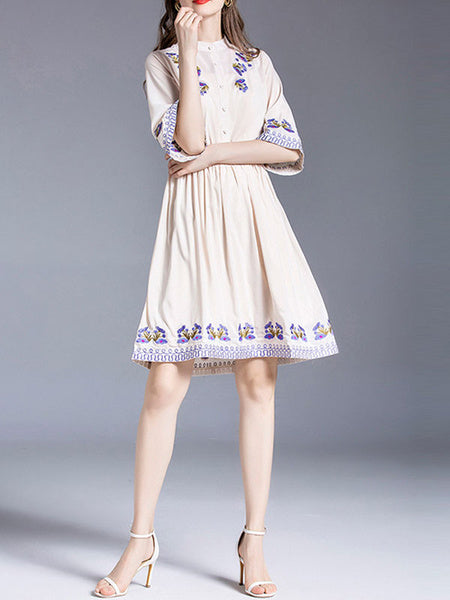 Skater High Collar Short Sleeves Printed Embroidered Casual Fit And Flare Dress