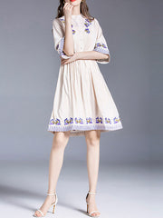 Skater High Collar Short Sleeves Printed Embroidered Casual Fit And Flare Dress