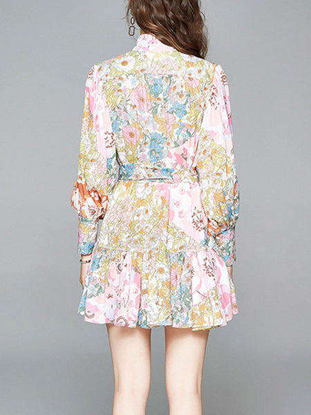 Skater Printed High Collar Lace Up Floral Print Casual Long Sleeves Polyester Fit And Flare Dress