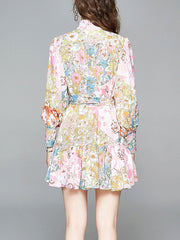 Skater Printed High Collar Lace Up Floral Print Casual Long Sleeves Polyester Fit And Flare Dress