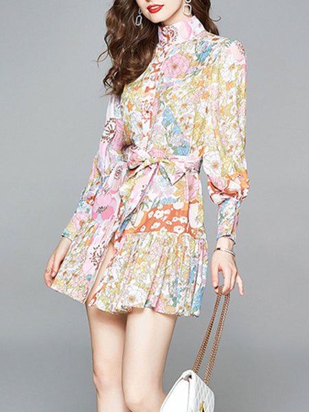 Skater Printed High Collar Lace Up Floral Print Casual Long Sleeves Polyester Fit And Flare Dress