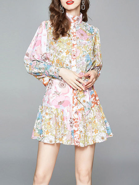Skater Printed High Collar Lace Up Floral Print Casual Long Sleeves Polyester Fit And Flare Dress