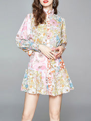 Skater Printed High Collar Lace Up Floral Print Casual Long Sleeves Polyester Fit And Flare Dress