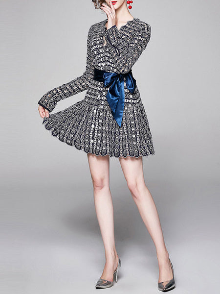 Skater Printed V-Neck Lace Up Casual Long Sleeves Polyester Fit And Flare Dress
