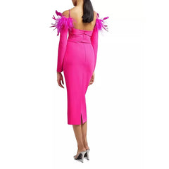 Slash Neck Feather Long sleeve empire Waist Tight Cocktail Party Bandage Dress