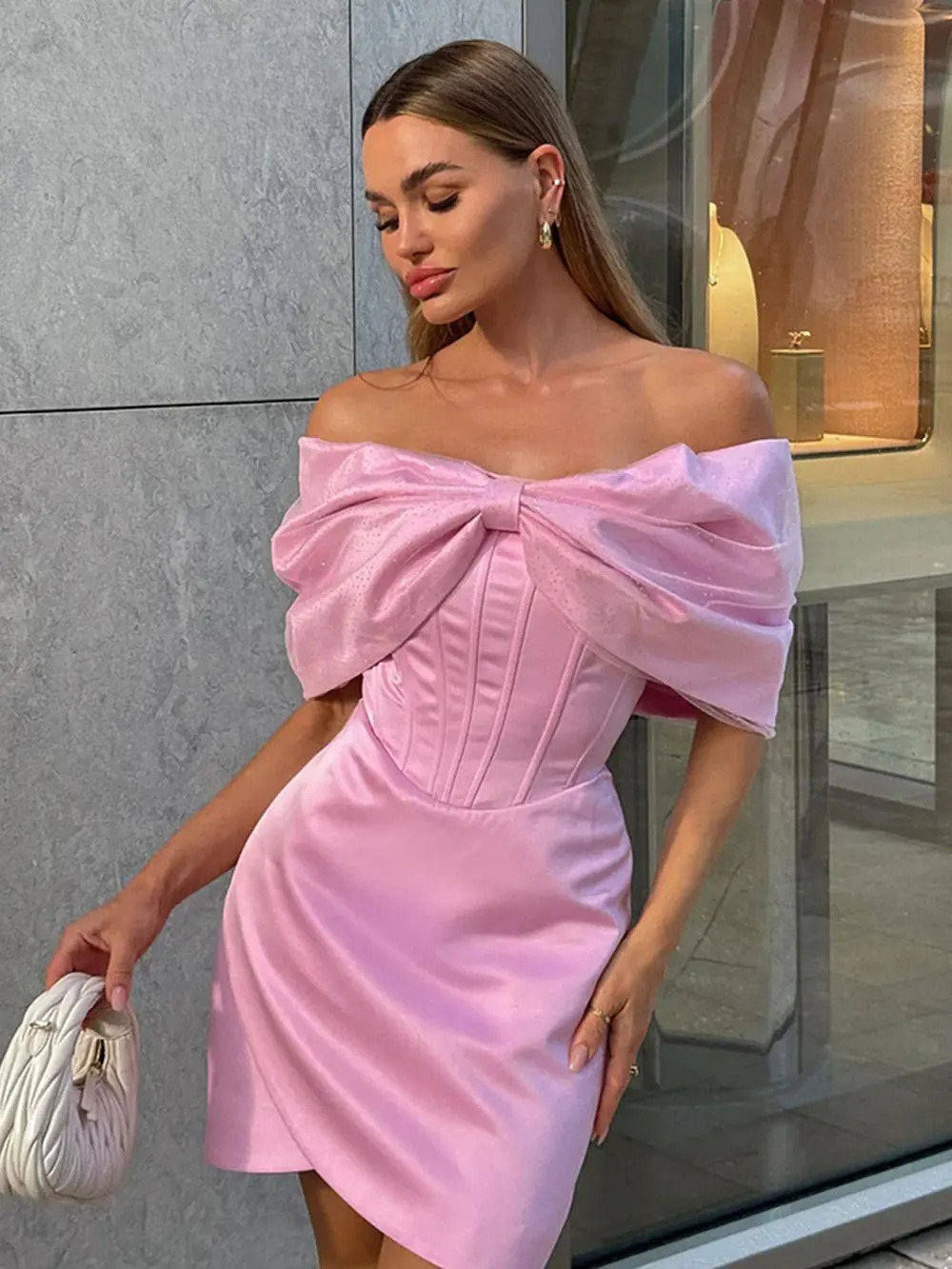 Slash neck One Collar Shoulder Bow Decoration Evening Party Bodycon Asymmetric Mini Dress