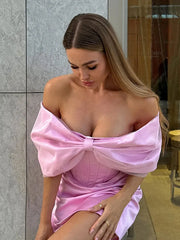 Slash neck One Collar Shoulder Bow Decoration Evening Party Bodycon Asymmetric Mini Dress