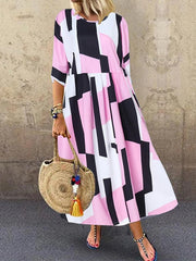 Sleeve O-neck Geometric Print Loose Maxi Dress