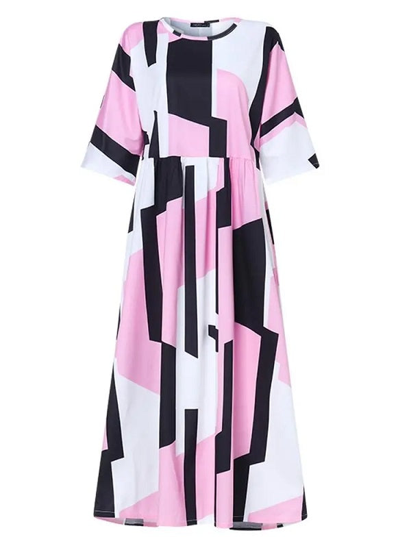 Sleeve O-neck Geometric Print Loose Maxi Dress