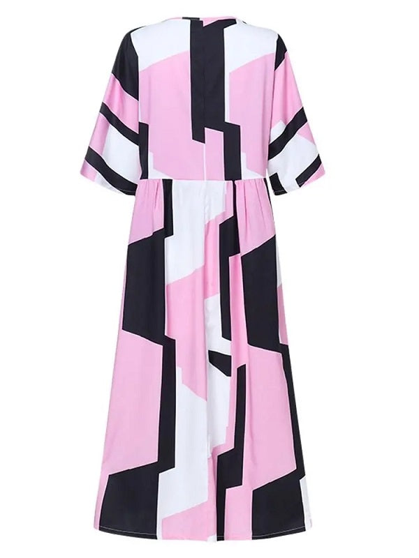 Sleeve O-neck Geometric Print Loose Maxi Dress