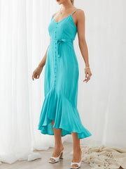Sleeveless Backless Knotted Breasted Ruffle Hem Strap Dress