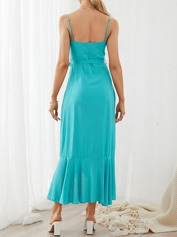 Sleeveless Backless Knotted Breasted Ruffle Hem Strap Dress
