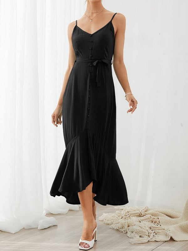 Sleeveless Backless Knotted Breasted Ruffle Hem Strap Dress
