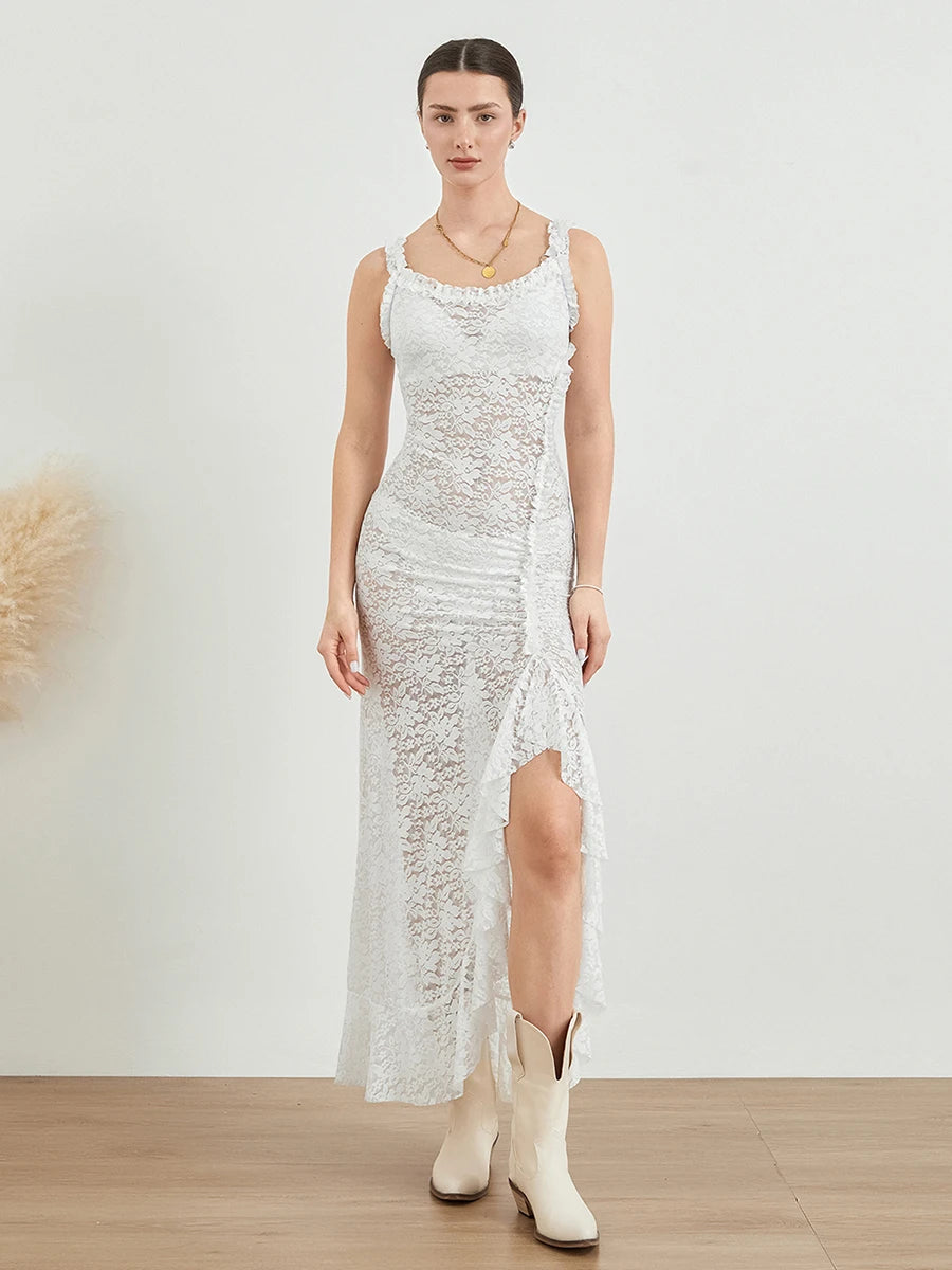 Sleeveless Backless Tie-up Ruffled See-through Lace Long Slit Dress