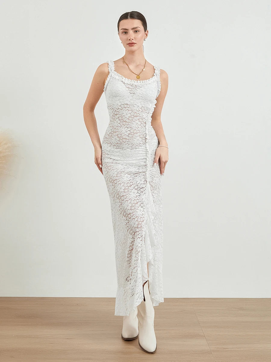 Sleeveless Backless Tie-up Ruffled See-through Lace Long Slit Dress