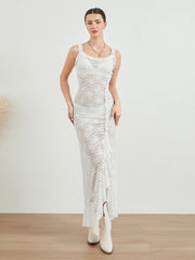 Sleeveless Backless Tie-up Ruffled See-through Lace Long Slit Dress
