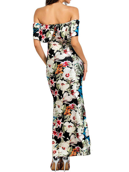 Sleeveless Bateau Neck Backless Floral Print Polyester Casual Long Maxi Dresses