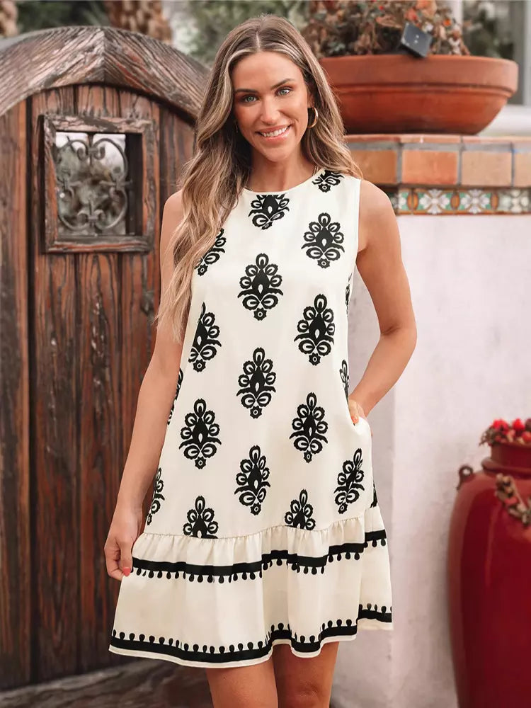 Sleeveless Boho With Back Bow And Pockets Shift Mini Dress