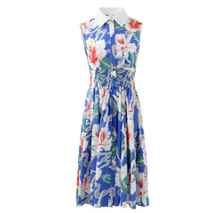 Sleeveless Elastic Waist Floral Print Vintage Split Dress