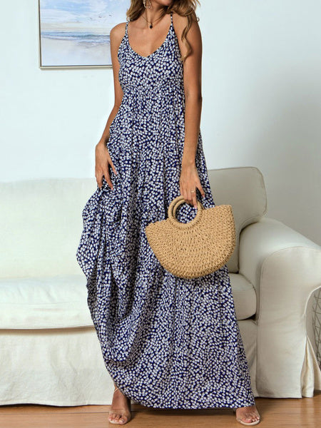 Sleeveless Floral Printed V-Neck Polyester Floor Length Maxi Dress