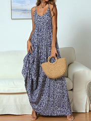 Sleeveless Floral Printed V-Neck Polyester Floor Length Maxi Dress