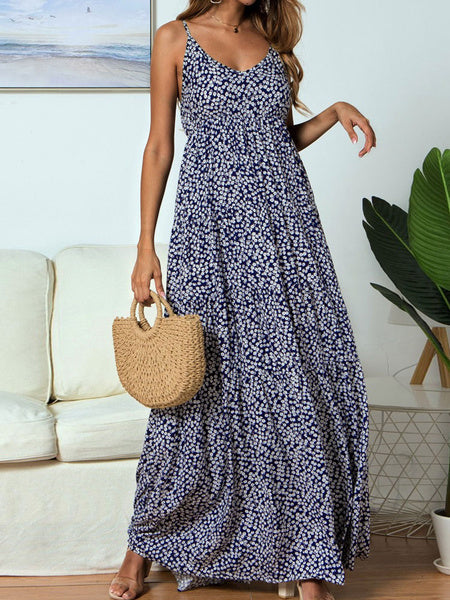 Sleeveless Floral Printed V-Neck Polyester Floor Length Maxi Dress