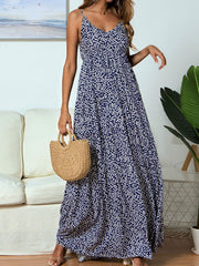 Sleeveless Floral Printed V-Neck Polyester Floor Length Maxi Dress