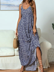 Sleeveless Floral Printed V-Neck Polyester Floor Length Maxi Dress