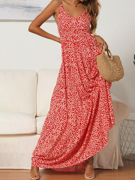 Sleeveless Floral Printed V-Neck Polyester Floor Length Maxi Dress