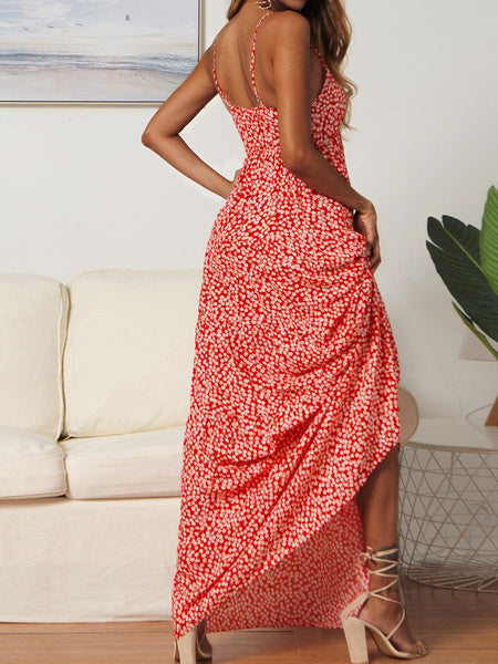 Sleeveless Floral Printed V-Neck Polyester Floor Length Maxi Dress