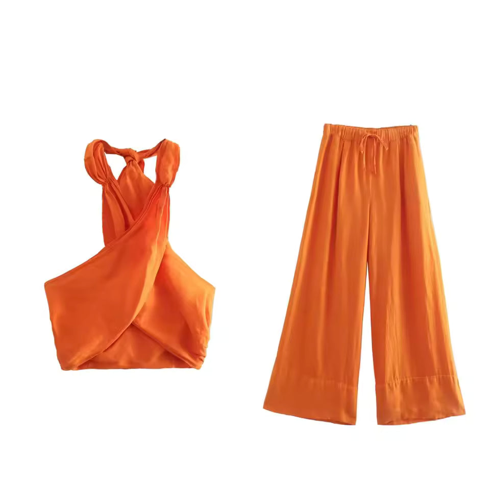 Sleeveless Halter Crop Tops High Waist Wide Leg Pants Sets