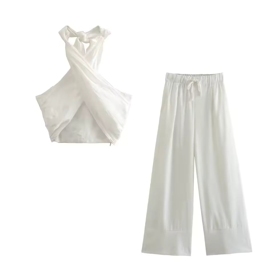 Sleeveless Halter Crop Tops High Waist Wide Leg Pants Sets