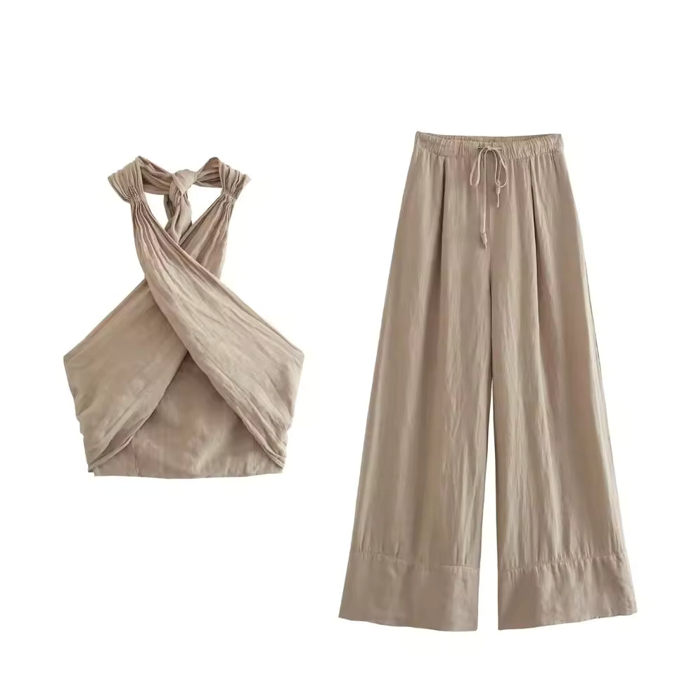 Sleeveless Halter Crop Tops High Waist Wide Leg Pants Sets