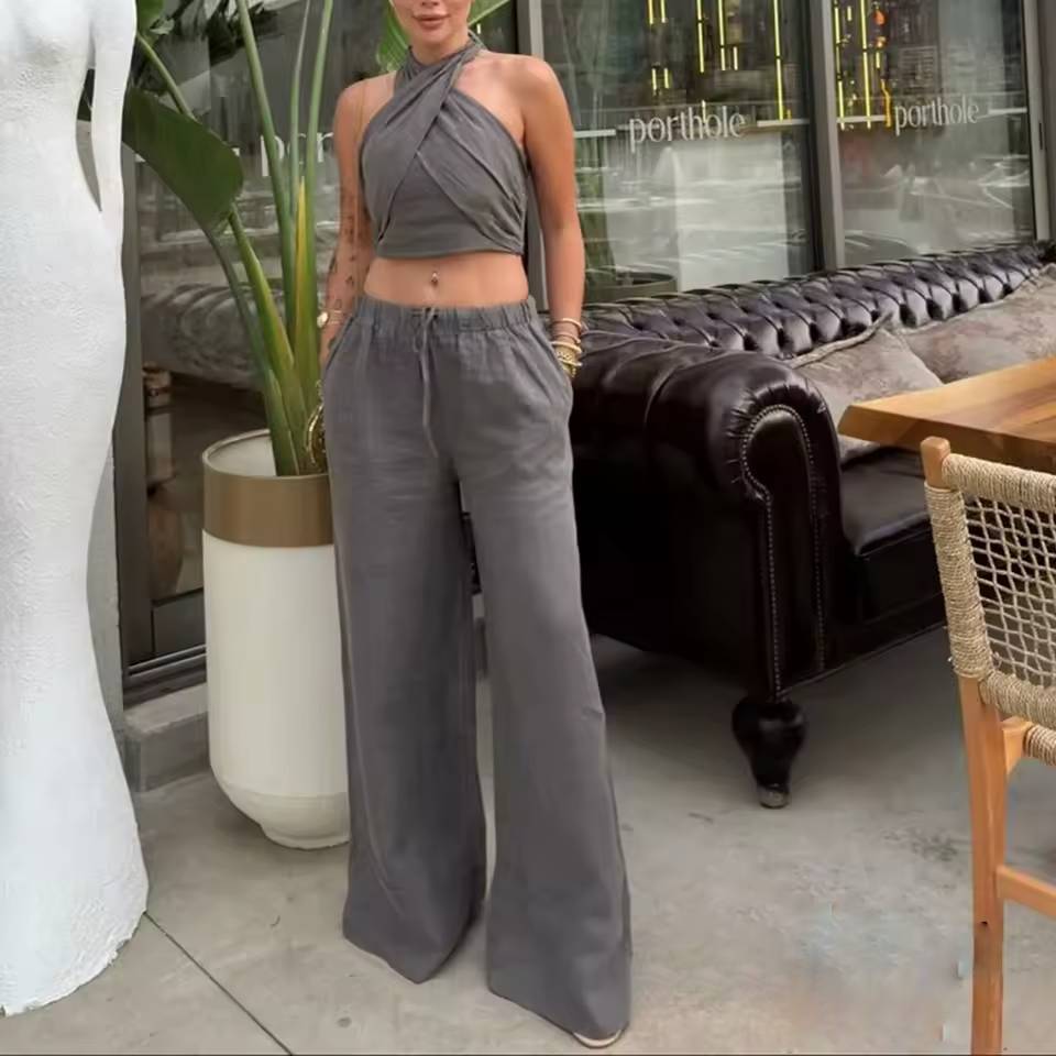 Sleeveless Halter Crop Tops High Waist Wide Leg Pants Sets
