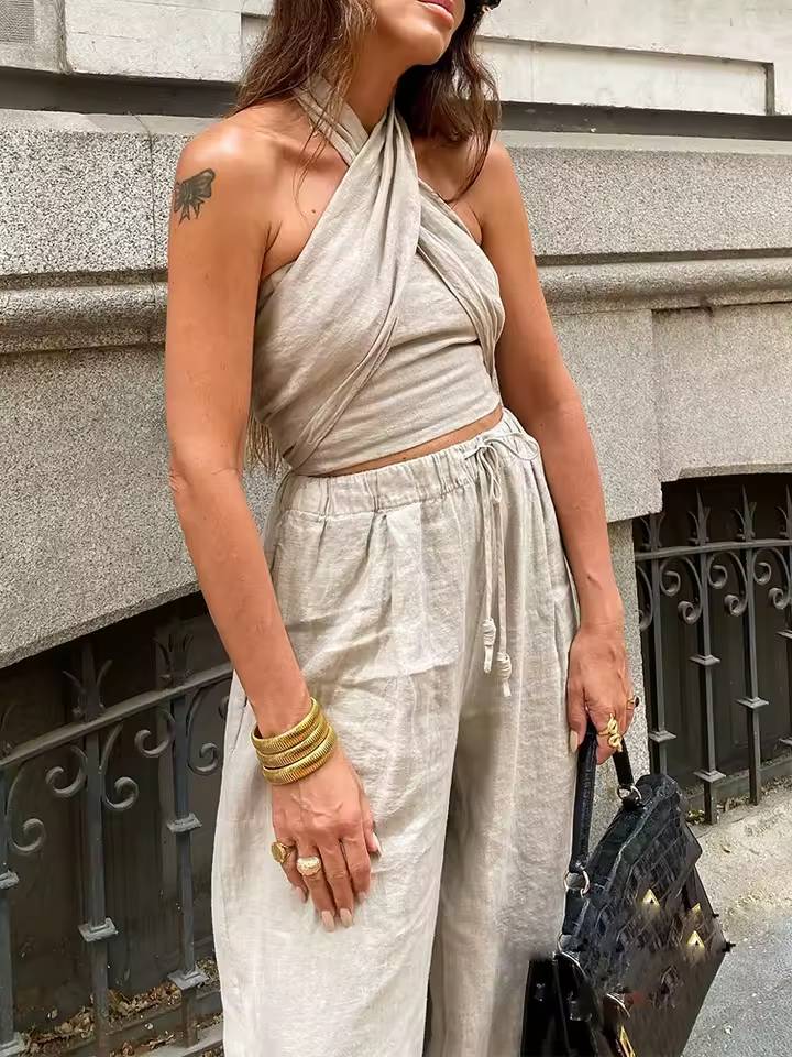 Sleeveless Halter Crop Tops High Waist Wide Leg Pants Sets