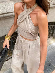Sleeveless Halter Crop Tops High Waist Wide Leg Pants Sets