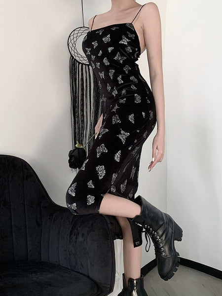 Sleeveless Korean Velvet Split Maxi Bodycon Dresses