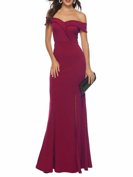 Sleeveless Off-The-Shoulder Split Front Layered Nylon Floor Length Maxi Dress