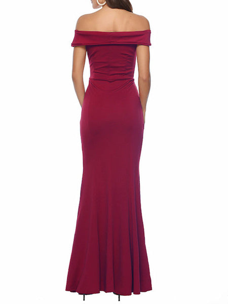 Sleeveless Off-The-Shoulder Split Front Layered Nylon Floor Length Maxi Dress