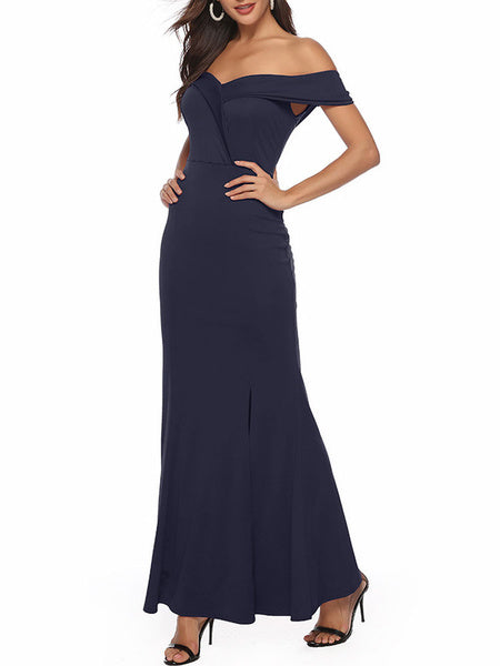 Sleeveless Off-The-Shoulder Split Front Layered Nylon Floor Length Maxi Dress