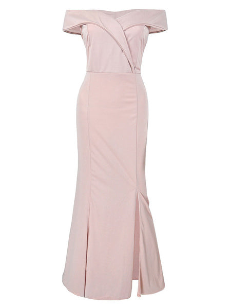 Sleeveless Off-The-Shoulder Split Front Layered Nylon Floor Length Maxi Dress