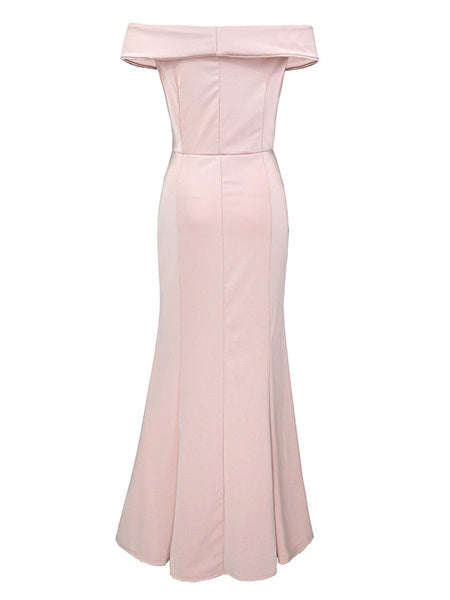 Sleeveless Off-The-Shoulder Split Front Layered Nylon Floor Length Maxi Dress