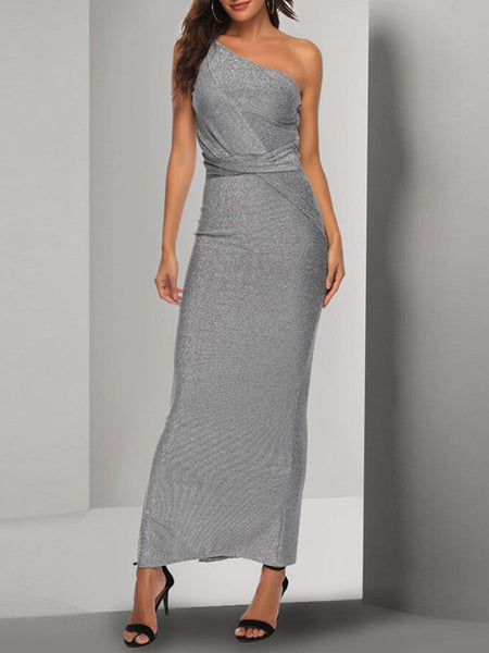 Sleeveless One-Shoulder Backless Nylon Floor Length Maxi Dress
