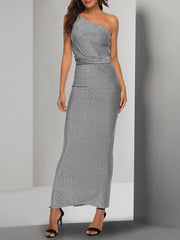 Sleeveless One-Shoulder Backless Nylon Floor Length Maxi Dress